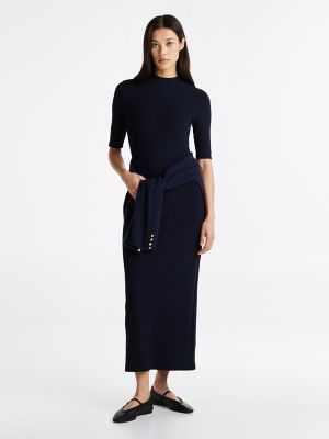 Robe longue côtelée extensible à manches courtes, bleu marine foncé nuit