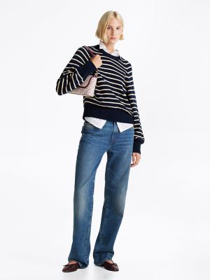 Oversized Fit Crewneck Sweater, Country Ivory / Dark Night Navy Stripe
