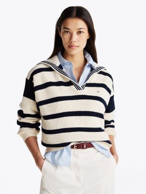 Polo Sweater, Ivory Petal/Dark Night Navy Stripe