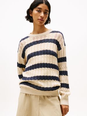 Linen-Blend Stripe Cable Knit Sweater, Dark Beige / Dark Night Navy Stripe