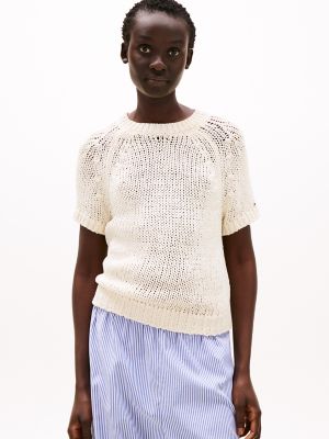 Short-Sleeve Open-Knit Sweater, Ivory Petal