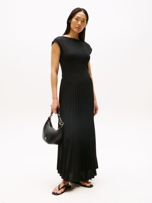 Fit-and-Flare Pleated Midi Dress, Black