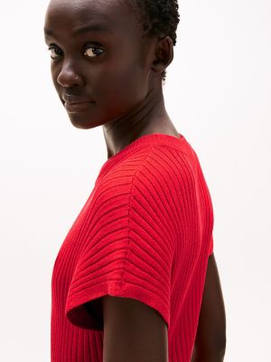 Ribbed Cap-Sleeve Midi Sweater Dress, Primary Red