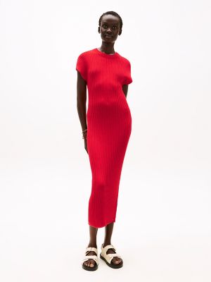 Ribbed Cap-Sleeve Midi Sweater Dress, Primary Red