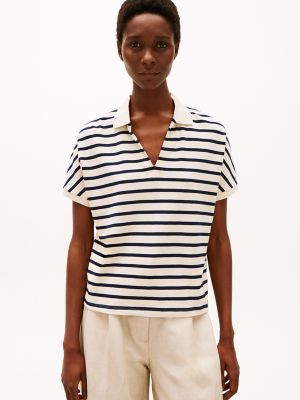 Relaxed Fit Open-Neck Polo, Calico/Navy Stripe