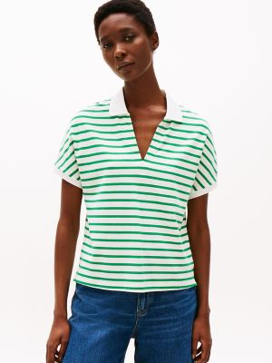 Relaxed Fit Open-Neck Polo, Ecru / Radiant Green Stripe