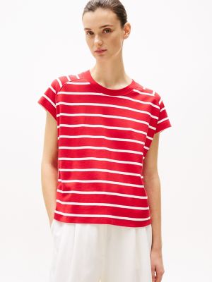 Relaxed Fit Cap-Sleeve T-Shirt, Primary Red / Ecru Stripe