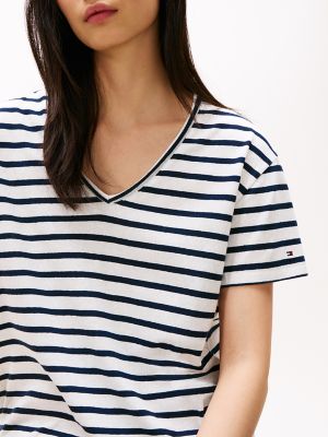 Linen-Blend Stripe V-Neck Top, Breton Dark Night Navy Stripe