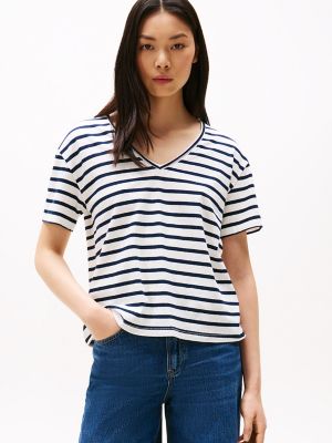 Linen-Blend Stripe V-Neck Top, Breton Dark Night Navy Stripe