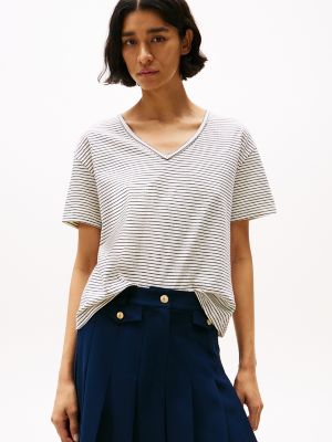 Linen-Blend Stripe V-Neck Top, Calico / Dark Night Navy Stripe
