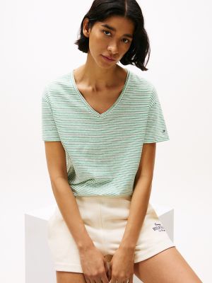 Linen-Blend Stripe V-Neck Top, Ecru / Radiant Green Stripe