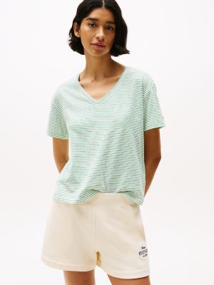 Linen-Blend Stripe V-Neck Top, Ecru / Radiant Green Stripe