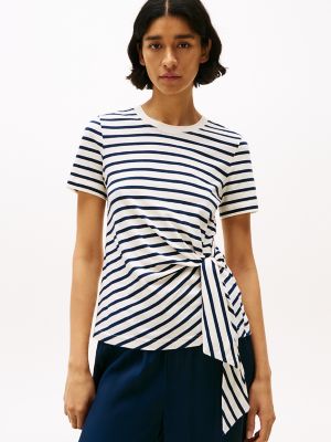 Side-Tie Crewneck T-Shirt, Calico / Dark Night Navy Stripe