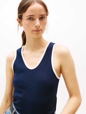 Ribbed Stretch-Cotton V-Neck Tank, Dark Night Navy