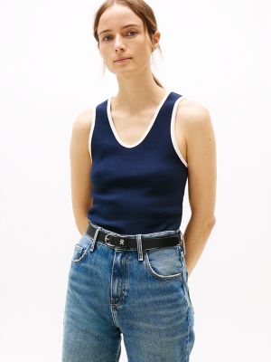 Ribbed Stretch-Cotton V-Neck Tank, Dark Night Navy