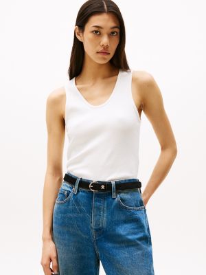 Ribbed Stretch-Cotton V-Neck Tank, Ecru