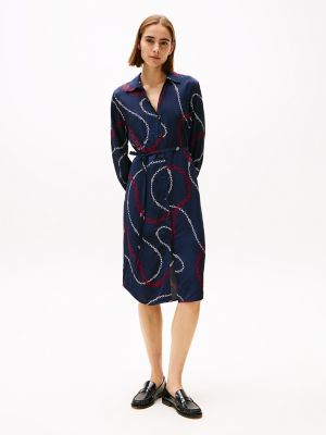Chain Print Long-Sleeve Shirtdress, Flag Chain Wave / Navy