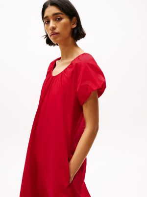 Gathered Scoop-Neck Midi Dress, Primary Red