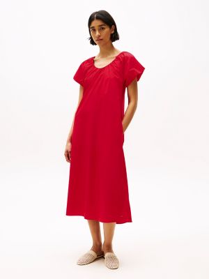 Gathered Scoop-Neck Midi Dress, Primary Red