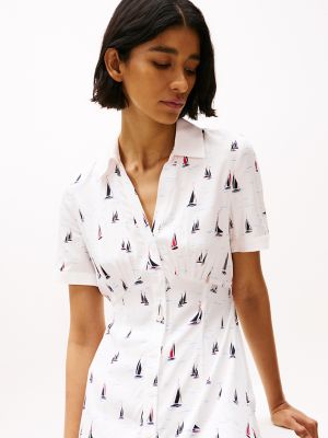 Sailboat Print Maxi Shirtdress, Boats / Ivory Silk