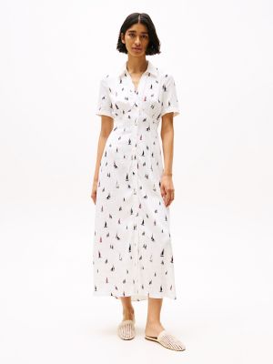 Sailboat Print Maxi Shirtdress, Boats / Ivory Silk