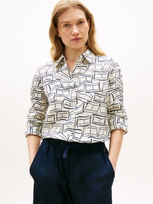 Long-Sleeve Linen Shirt, Cream / Navy