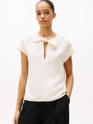 Linen-Blend Tie-Neck Top, Calico