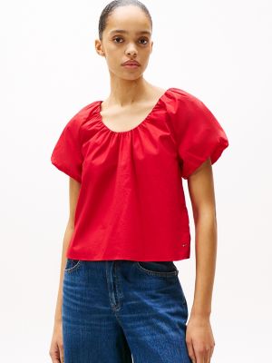 Short-Sleeve Gathered Scoop-Neck Top, Primary Red
