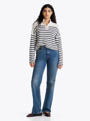 Gold-Tone Button Polo Sweater, Ivory Petal / Dark Night Navy Stripe