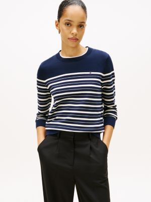 Lightweight Stripe Crewneck Sweater, Ivory Petal Tipping
