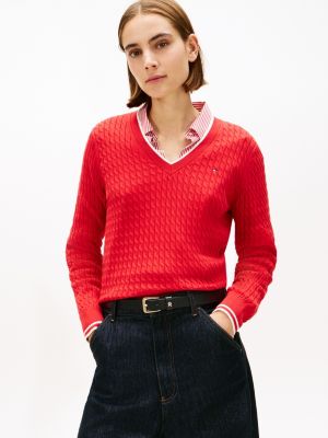 Lightweight Cable Knit V-Neck Sweater, Primary Red/Calico Tipping