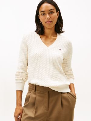 Lightweight Cable Knit V-Neck Sweater, Heather Ivory Petal