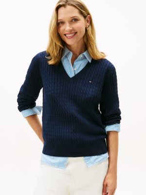 Lightweight Cable Knit V-Neck Sweater, Dark Night Navy