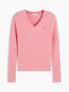 Lightweight Cable Knit V-Neck Sweater — Carnation Pink 5