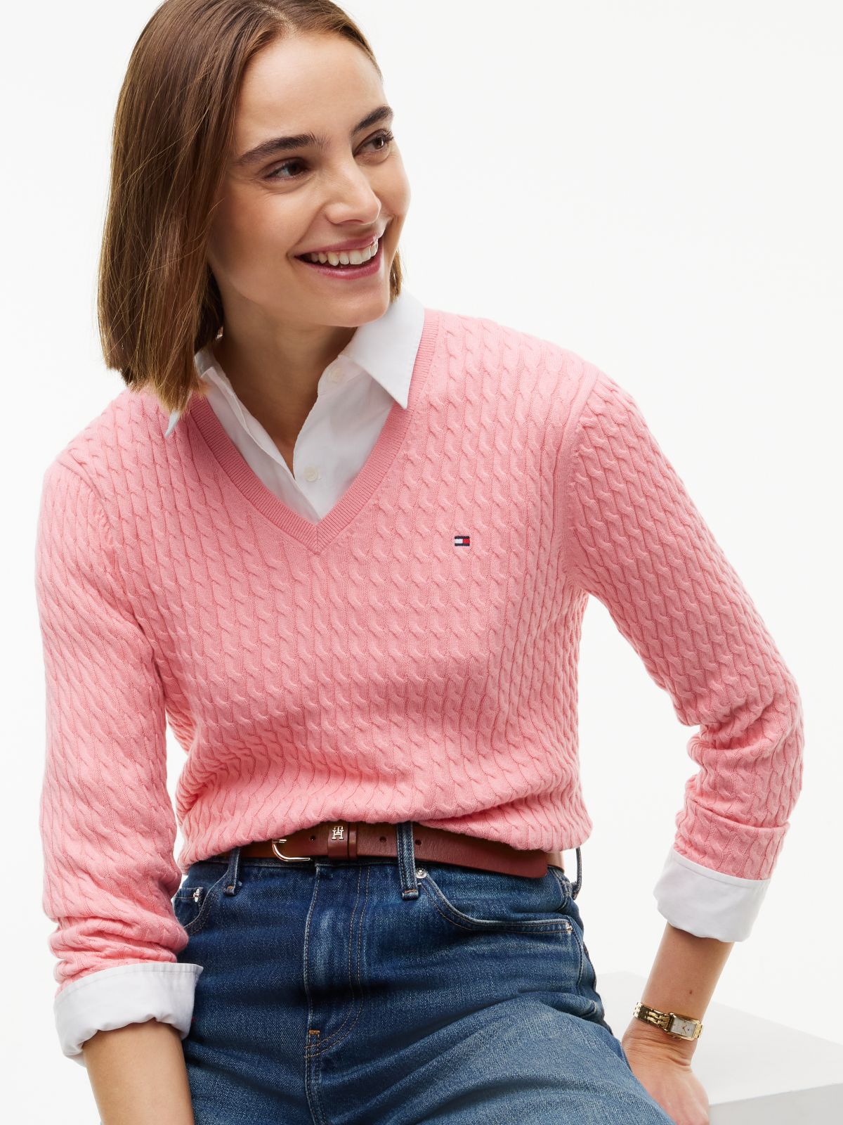 Lightweight Cable Knit V-Neck Sweater — Carnation Pink