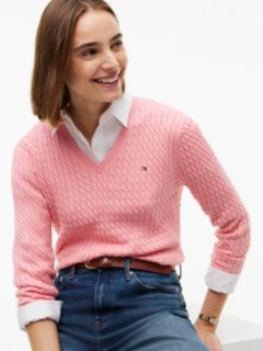 Lightweight Cable Knit V-Neck Sweater — Carnation Pink 3