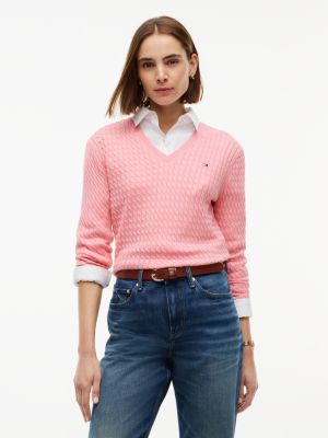 Lightweight Cable Knit V-Neck Sweater, Carnation Pink