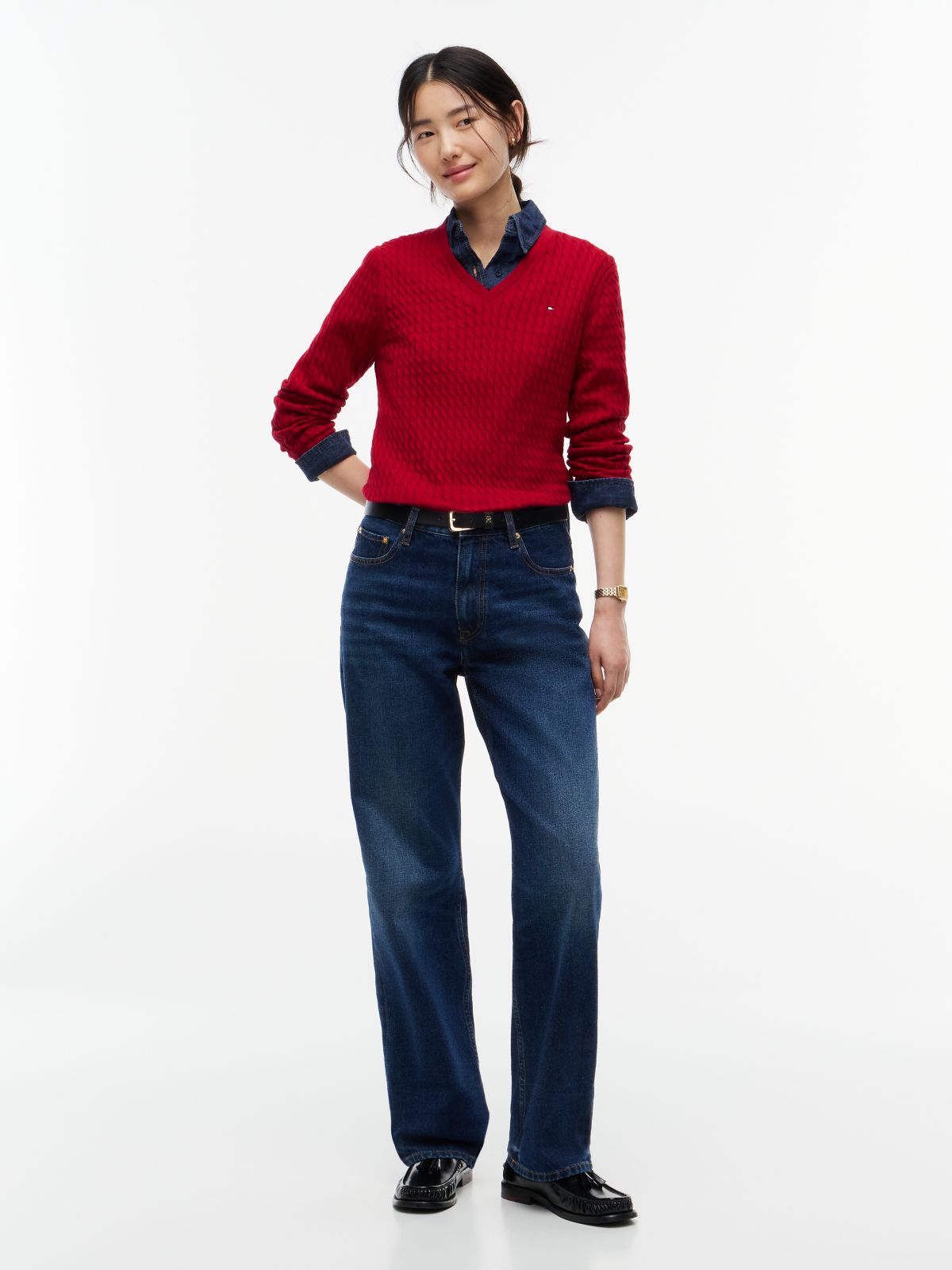Lightweight Cable Knit V-Neck Sweater — Raspberry Juice