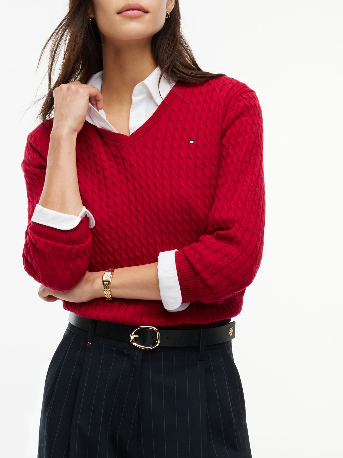 Lightweight Cable Knit V-Neck Sweater — Raspberry Juice
