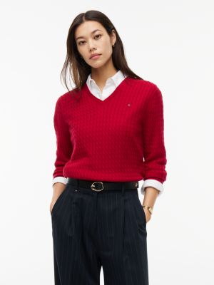 Lightweight Cable Knit V-Neck Sweater, Raspberry Juice