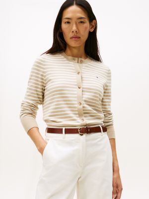Lightweight Cotton Cardigan, Sandalwood / Ivory Silk Stripe
