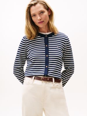Lightweight Cotton Cardigan, Dark Blue / Ivory Stripe