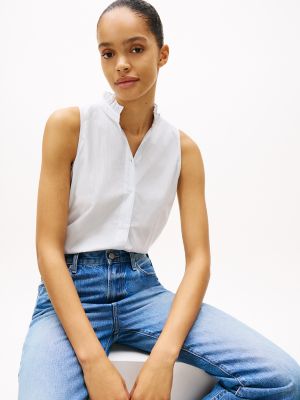 Stripe Ruffle-Collar Sleeveless Shirt, Classic Ithaca / Breezy Blue Stripe