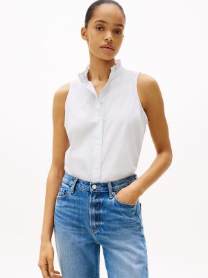 Stripe Ruffle-Collar Sleeveless Shirt, Classic Ithaca / Breezy Blue Stripe