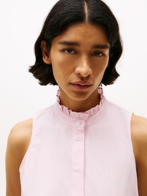Stripe Ruffle-Collar Sleeveless Shirt, Classic Pink Ithaca Stripe