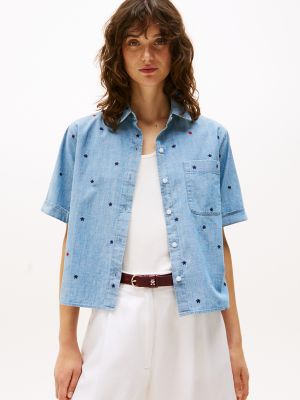 Allover Embroidered Star Chambray Shirt, Star Blue