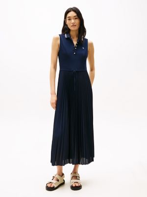 Sleeveless Pleated Midi Polo Dress, Dark Night Navy
