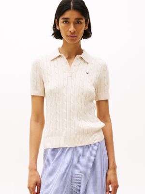 Short-Sleeve Cable Knit Polo Sweater, Heather Ivory Petal