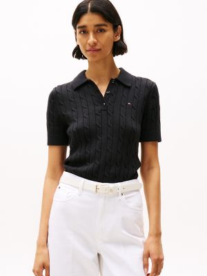 Short-Sleeve Cable Knit Polo Sweater, Black