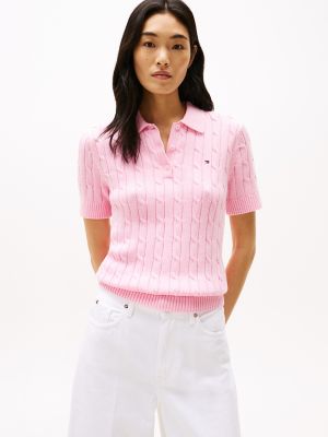Short-Sleeve Cable Knit Polo Sweater, Classic Pink